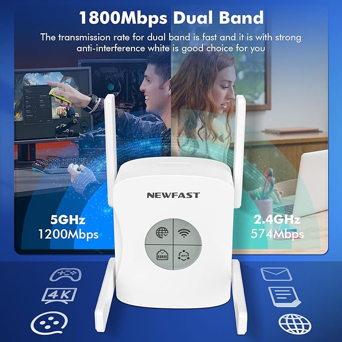 NEWFAST AX1800 WiFi Extenders Signal Booster NF-RE553, Dual Band WiFi 6 Range Extender, 5.8GHz&2.4GHz WiFi Booster for Home Covers Up to 9600 Sq.ft, AP/Router/Bridge Mode, Gigabit Port, One Tap Setup