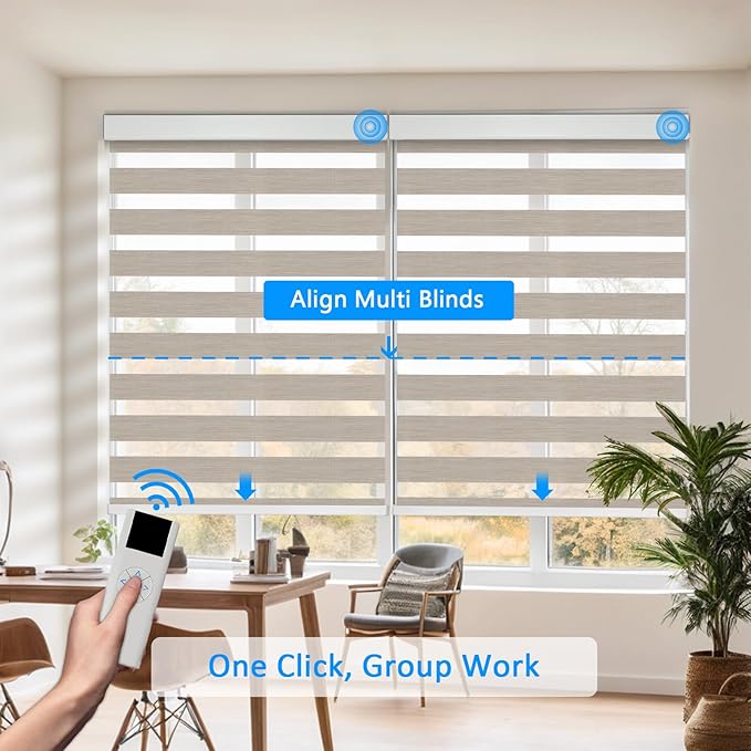 COOLWINDS Motorized Zebra Blinds for Windows Cordless Electric Curtains with Remote Control Blackout Shades Custom Smart Blinds Compatible with Alexa Google Home(Roomdarking Caramel,W51 X 72in)
