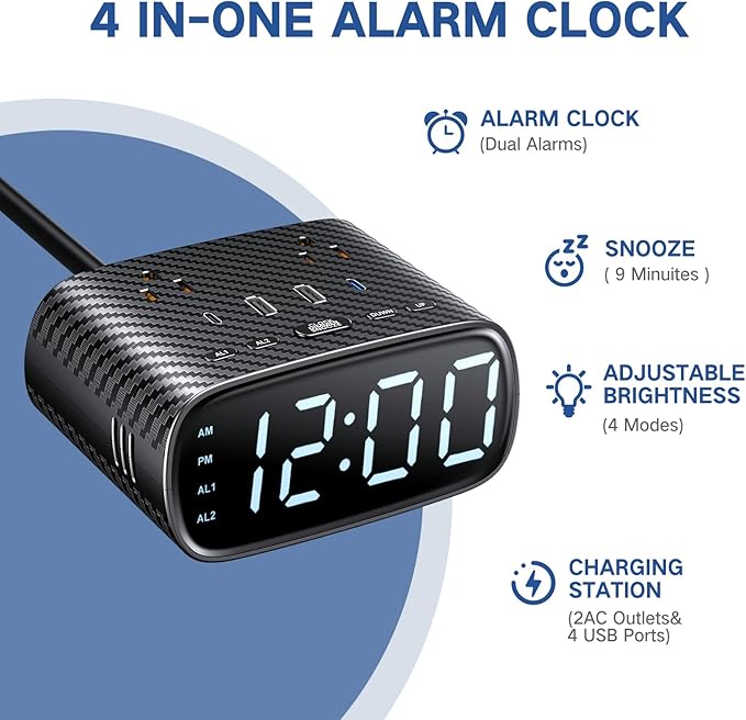 XBA Digital Alarm Clock with 20W USB C Ports, Dual Alarm Clock Power Strip with 2 AC Outlets, 4 USB Charging Ports, Dimmable Snooze Desk Clock with 6FT Cords for Bedrooms,Travel, Black