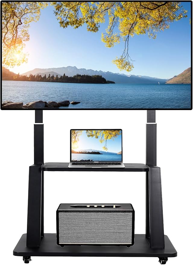 Maiproo Rolling TV Stand Mobile TV Cart on Wheels for 42-86 Inch Flat/Curved LED/LCD/OLED Height Adjustable Heavy Duty Floor Portable TV Stand with Wheels with Laptop DVD Shelf Holds up to 176lbs