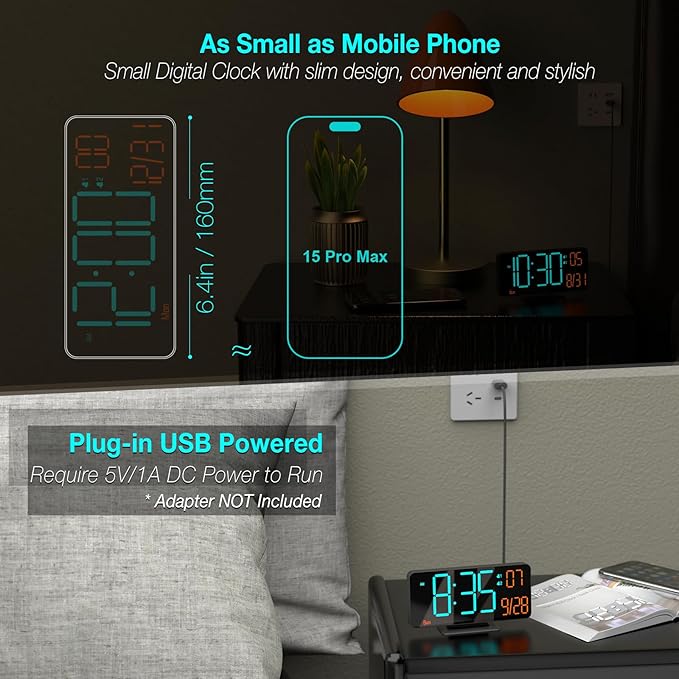 KOSUMOSU Alarm Clocks for Bedrooms, 6.7" Black Small Digital Clock LED, Desk Alarm Clock with Auto Dimming,Seconds, Day of Week, Indoor Temperature,Clocks for Living Room