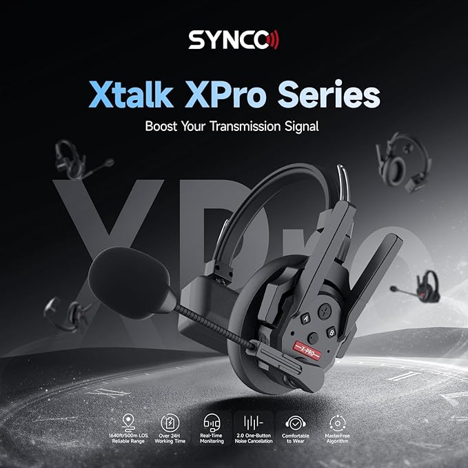 SYNCO XTalk Pro5 XPro X5 2.4GHz Wireless Headset Communication System Random Master Device 500m Operating Range Real-time Monitoring AI Noise Reduction Headset for Movie Shoot Live Show (5Pcs)