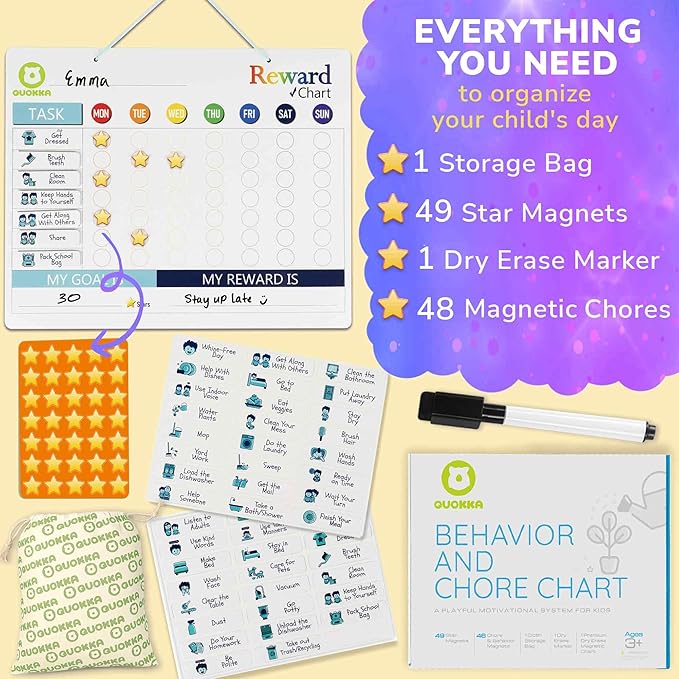QUOKKA Magnetic Behavior Chore Chart for Kids at Home - Gift Reward Visual Schedule Chart - Dry and Erase Routine and Responsibility - Use 48 Magnets & 49 Stars - from Toddlers to Teens