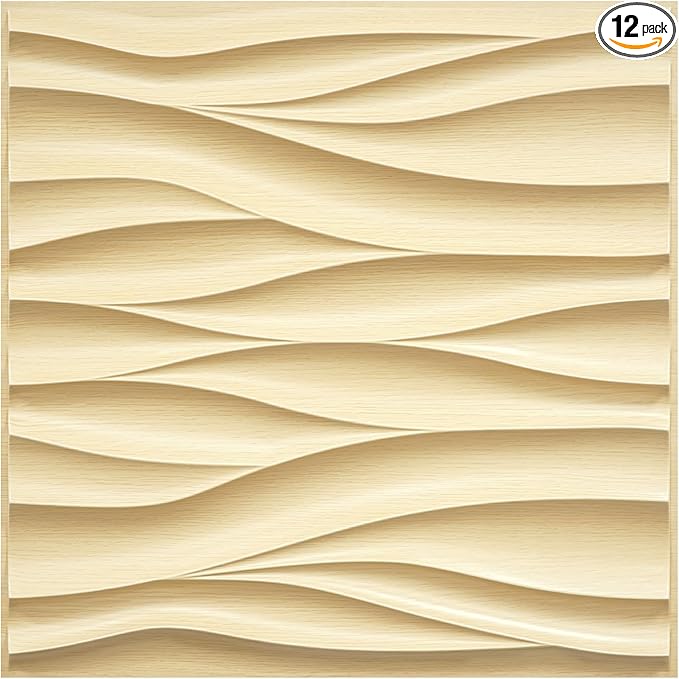 STICKGOO Wave Wall Panels for Interior Wall Decor, Light Oak 3D Wall Panels Accent Wall, Paintable 3D Wall Decor Covering Panels for Living Room Bedroom, Pack of 12 Tiles