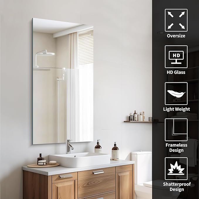CILIBER Frameless Mirror, 24x48 Inch Large Bathroom Mirrors for Wall Over Sink, Upgraded Shatterproof Vanity Mirror with Polished Edge for Bathroom,Bedroom,Living Room and Entryway