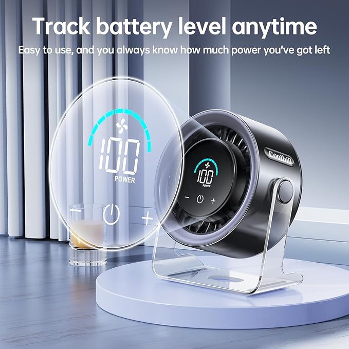 Coolhill USB Desk Fan for Bedroom: 100 Speeds Digital Display Quiet Table Fan with Turbo Airflow, 120° Rotating Small Rechargeable Battery Desktop Fans for Bedroom Home Office (Black)