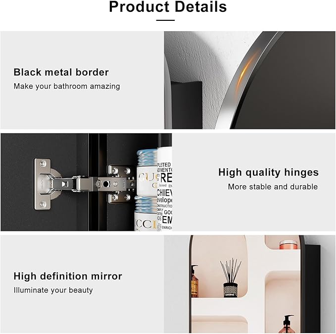 Black Arched Medicine Cabinet with Mirror, Arched Mirror Cabinet for Bathroom,Black Metal Edge Medicine Cabinet Surface Mount Only,Bathroom Arch Mirror Cabinet with Storage,16 x32 Inch