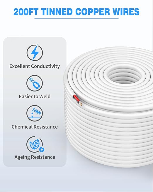 NAOVEO 18 Gauge Wire 2 Conductor Electrical Wire, 18 AWG Stranded PVC Tinned Copper Cable, Flexible/Low Voltage Automotive Wiring for LED Lamps, Marine, Speaker, Appliances (200FT)