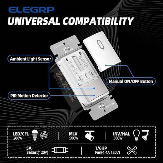 ELEGRP Matte White Single Pole Occupancy Motion Sensor Light Switch, Need Neutral Wire, 120° Sensor Coverage PIR Infrared Motion Activated, for CFL/LED/MLV/INC/HAL/Fan, UL,10 Pack