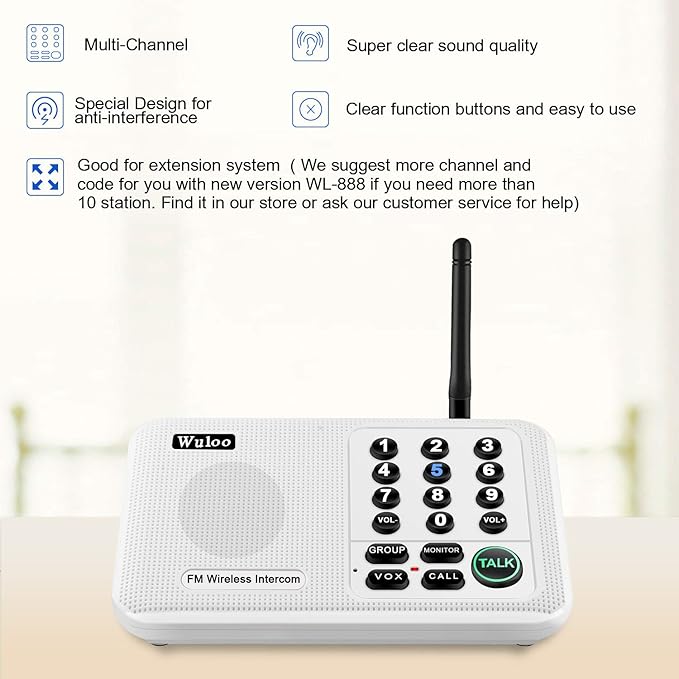 Wuloo Intercoms Wireless for Home 5280 Feet Range 10 Channel 3 Code, Wireless Intercom System for Home House Business Office, Room to Room Intercom, Home Communication System (6 Units Set, White)