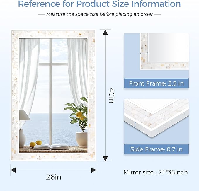 Tanmicoshomy 26 x 40 Inch Rectangle Wall Mirror, Natural Shell Framed Rectangular Mirror for Bathroom, Vanity, Bedroom, Living Room, Entryway, Wall Mounted Horizontal or Vertical, White