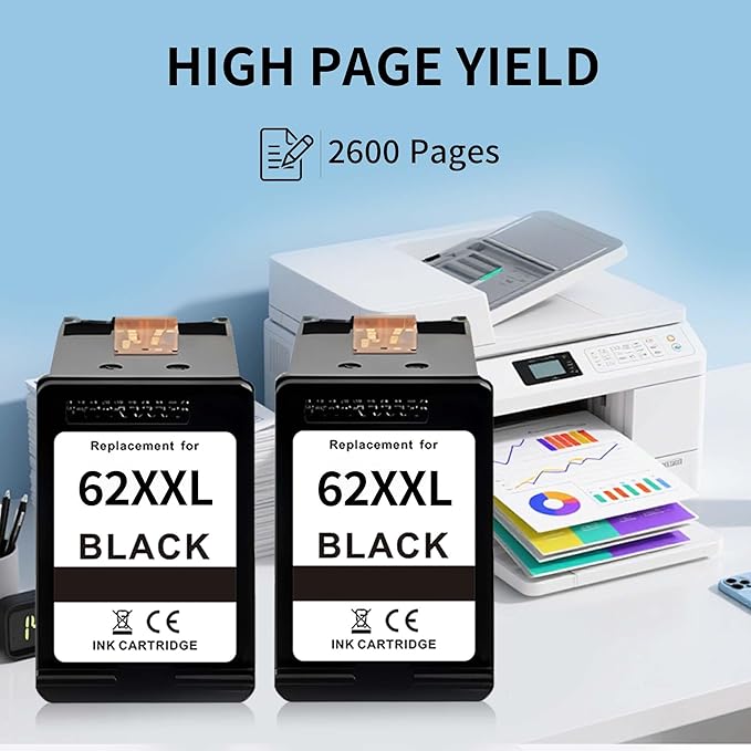 62XXL Black Extra Large Capacity 2600 Pages High Yield Replacement for hp 62xl Ink Cartridge Combo Pack Compatible for Envy 5540 5541 5542 5543 5544 5545 5547 5548 5549 5640 56425643 5644 5660
