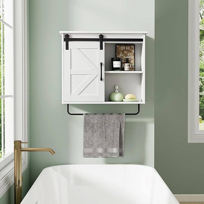 Bathroom Wall Cabinet Over Toilet Sliding Door 23x19 Inch Farmhouse Medicine Cabinet with Towel Bar Motion Sensor Light Adjustable Shelves White Above Toilet Storage for Laundry or Kitchen
