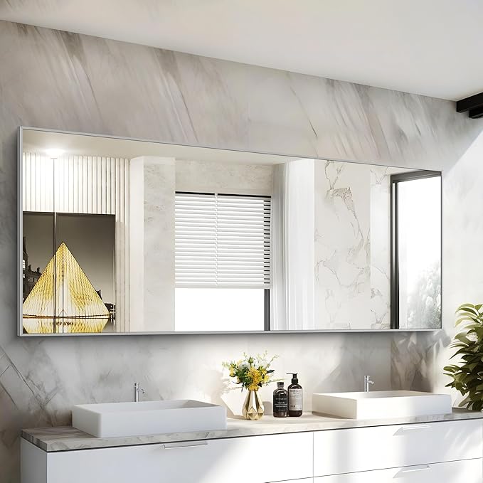 30x72inch Bathroom Mirror, Silver Rectangle Mirror with Thin Metal Frame, Large Rectangular Wall Mirror for Bathroom, Living Roomm, Hair Salon, Big Farmehouse Mirrors Hang Horizontal/Vertical
