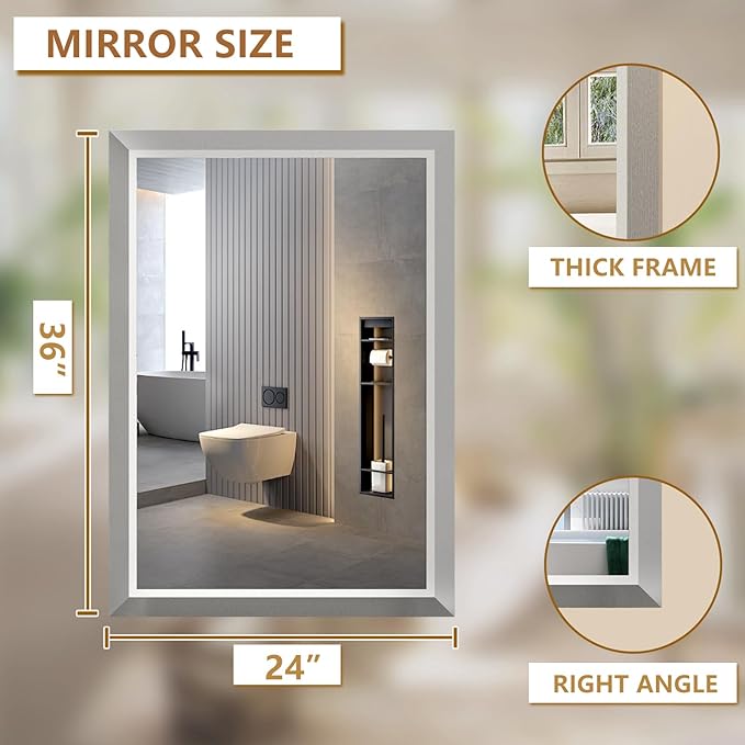 SMIROR Brushed Silver Bathroom Mirror for Over Sink, 24”x 36” Metal Thick Framed Rectangle Vanity Mirror for Wall, Right Angle Corner, Anti-Rust, Horizontally or Vertically Mounted