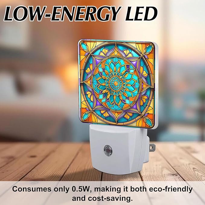 PODMemory Mandala Stained Glass Night Lights Plug into Wall for Room, Mandala Night Light LED for Bedroom