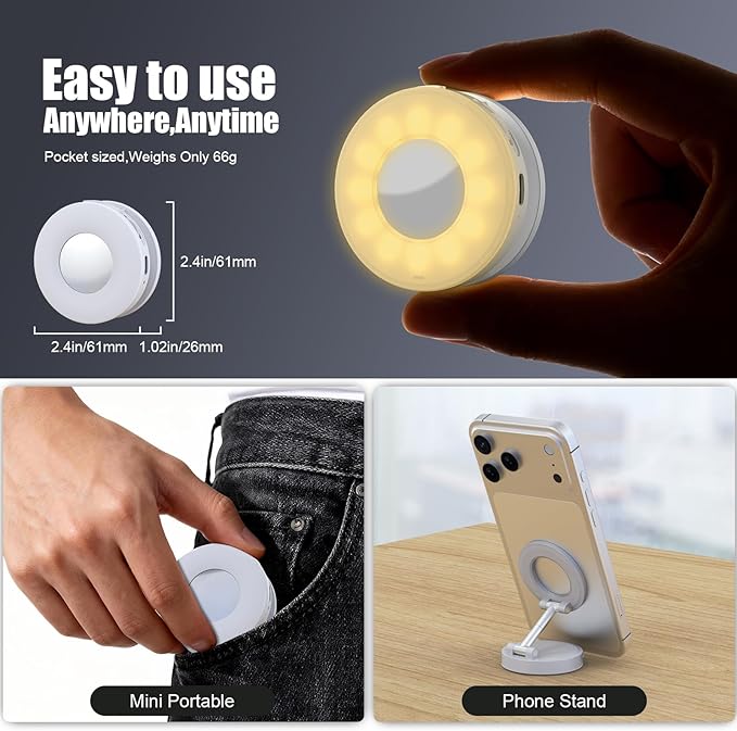 Magnetic Selfie Light, Phone Light Compatible with iPhone Magsafe, CRI97 360° LED Selfie Ring Fill Folding Light with Mirror for Selfies/Photography/TikTok/Zoom Calls/Video Conference