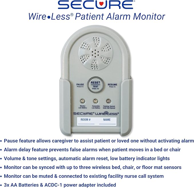 Secure Bed Alarm for Elderly Adults, Dementia Patients, Seniors - 12" x 30" Wireless Bed Sensor Pad, Alarm Monitor Pager, Power Adapter - Fall & Wandering Prevention Caregiver Alert System