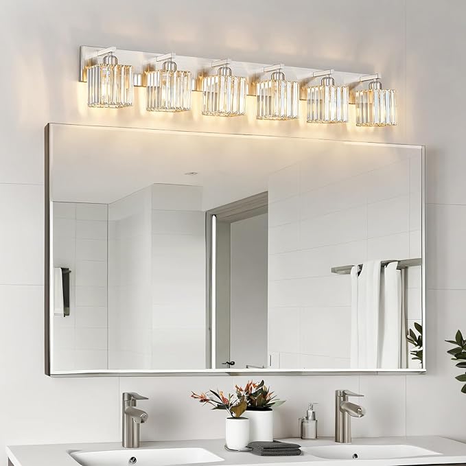 FDPBY Modern Vanity Light 6-Lights Brushed Nickel Vanity Light Crystal Bathroom Wall Light Bathroom Light Fixtures