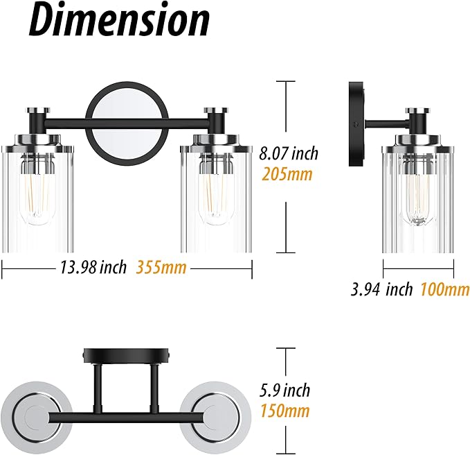 PHIXART Bathroom Lighting Fixtures Black and Chrome Bathroom Vanity Light with Cylindrical Clear Stripes Glass Lampshade E26 Socket Base Bathroom Lighting Fixtures Over Mirror (2 Lights)