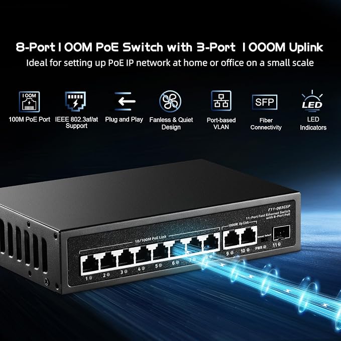 11 Port POE Switch, 8 POE+ 10/100Mbps, 2 Gigabit Uplink, 1 Gigabit SFP - Image 2
