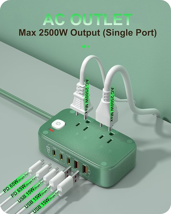 KWRNVO 7-IN-1 Power Strip, 85W PD USB C Power Strip, Desktop Charging Station Outlet Extender with 2 AC Outlets, 3 USB-C and 2 USB-A Ports for Laptop/Phone and More