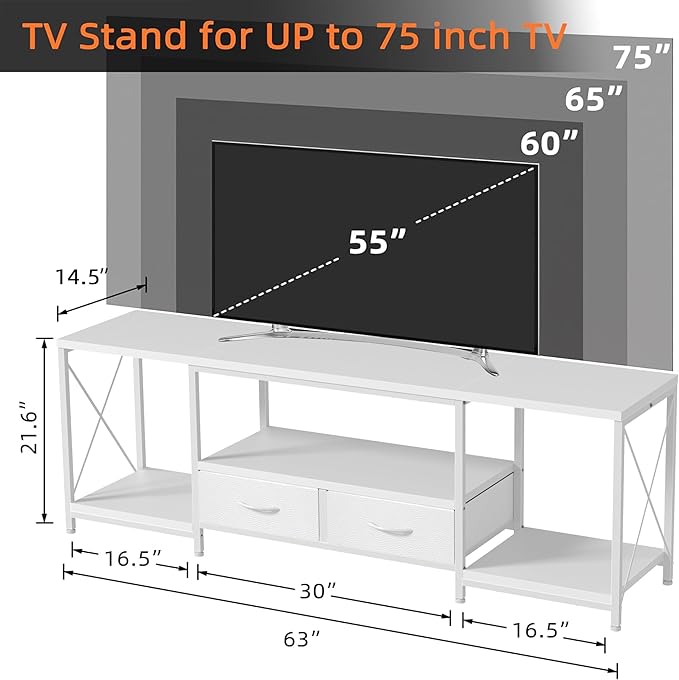 GYIIYUO TV Stand with Fabric Drawer for 65 70 75 Inches TV - Entertainment Center and Industrial TV Console Table with Open Storage Shelves for Living Room, Bedroom - 63" White