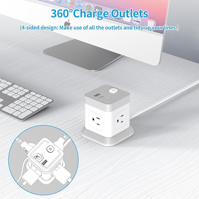 Power Strip with USB, FDTEK Flat Plug Extension Cord with 4 Outlets and 3 USB(1 USB C), 5 FT Power Cord Desktop Charging Station, Overload Protection, Compact Portable for Travel Home Office