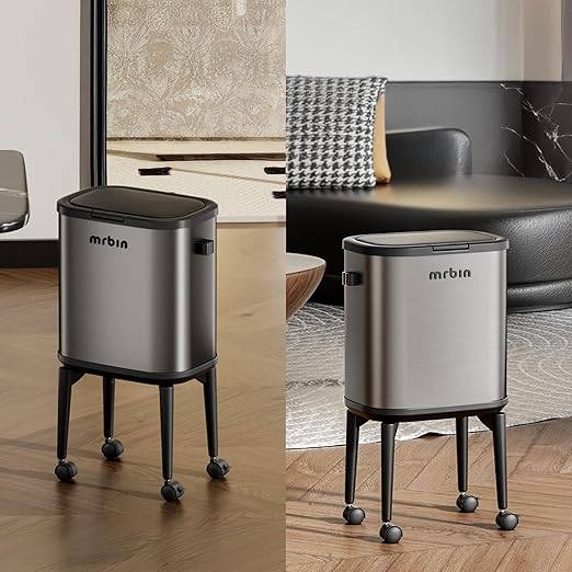 MRBIN Stainless Steel Slim Bathroom Trash Can with Legs and Wheels, 15L / 4gal Toilet Press Lid Waste Basket, Covered Office Garbage Pail for Near Desk, Narrow Vanity, Rvs, Kitchen, Eclipse Grey