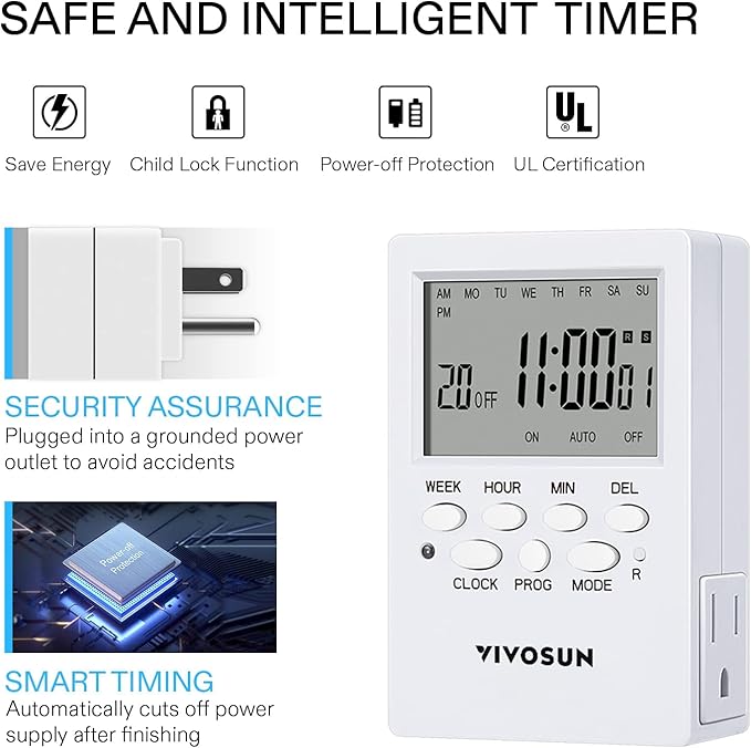 VIVOSUN Digital Timer Outlet 7 Day Programmable Digital Outlet Timer with 2 Independent Outlets 3 Prong, 20 on/Off Programs Groups, Countdown Setting, Indoor for Light Lamp, Fan（1Pack）