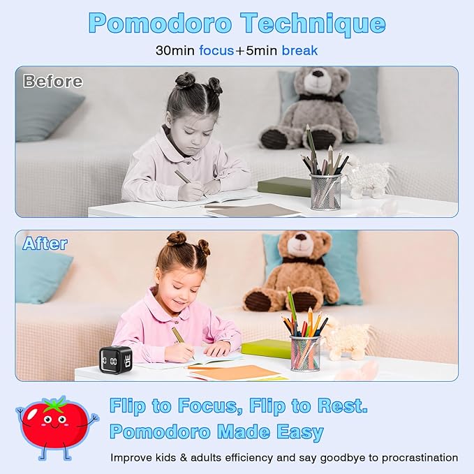 Cube Pomodoro Timer, Desk Productivity Timer 5/10/30/60 Minutes & Custom Countdown, Adjustable & Silent Visual Timer, ADHD Tool Flip Rotating Portable Multi Timers for Study Task Work Kitchen School