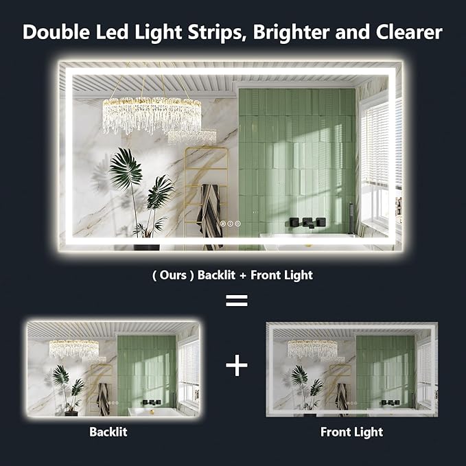 YEELAIT 72x40 Inch LED Bathroom Mirror with Lights Front and Backlit Lighted Vanity Mirror for Bathroom Wall with 3 Colors Dimmable Anti-Fog Memory Shatter-Proof IP54 Waterproof Horizontal/Vertical