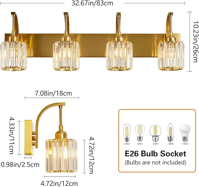FDPBY 4-Light Crystal Vanity Light, Modern Gold Bathroom Wall Sconce with K9 Crystal Shades, 32.67" Long Over Mirror Lighting for Vanity, Makeup, Hallway, Elegant & Easy Install