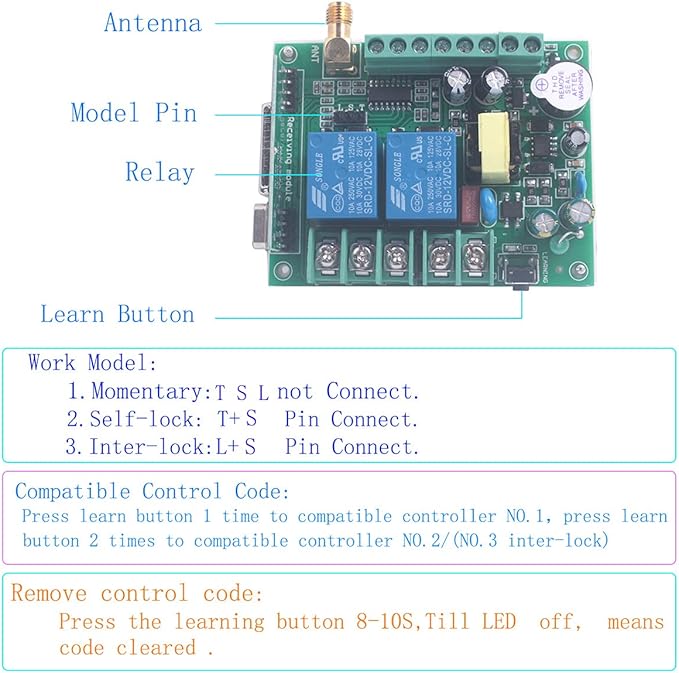 Motor Wireless Remote Control Switch AC 85V 110V 220V 250V 10A High Power Door Electric Curtain Remote Forwards Reverse, Wide Voltage 85V-250V 433MHz RF Remote Control Relay ON/OFF (2X Control 433MHz)
