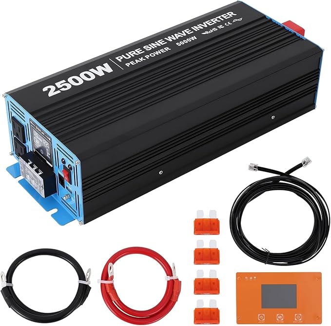 2500W Pure Sine Wave Inverter,1 USB Port 5v/3.4a,LCD Display&Remote Controller for Home, RV, Truck