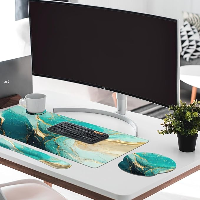 Britimes Green and Gold Marble Keyboard Mouse Pad Set 4in1 Large Mousepad+Keyboard Wrist Rest+Mouse Wrist Rest+Coaster Set with Ergonomic Design for Home Office Computer 35.4x15.7 inches