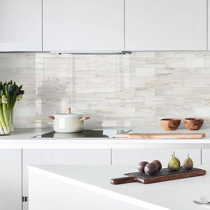 Vamos Tile 4-Piece Glossy Wooden Marble Grain Peel and Stick Backsplash Tile,3''x6'' PVC Subway Tile with White Grout, Stick on Backsplash for Kitchen/Bathroom/Fireplace