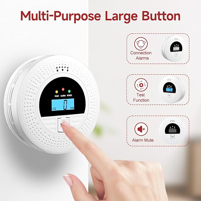 1-Pack Interconnected Smoke and Carbon Monoxide Detector, Test Button & Replaceable Battery, Smoke and CO Alarm for Home, Hallways, Bedroom, Reliable Alert
