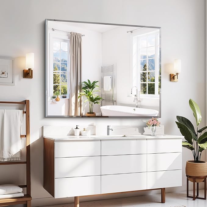 CILIBER Beveled Bathroom Mirror, 40x48 Inch Large Frameless Mirrors for Wall, Upgraded Shatterproof Rectangle Beveled Vanity Mirror Hangs Horizontally/Vertically for Bedroom, Living Room and Entryway