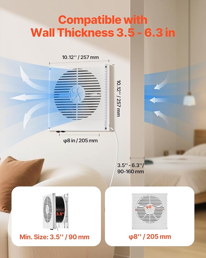 VEVOR Room to Room Fan, Two-Way Airflow Through-the-Wall Fan 8" with Temperature Control, 180 CFM Ventilation Quiet In-Wall Exhaust Vent Fans for Bathroom, Laundry Room and Indoor