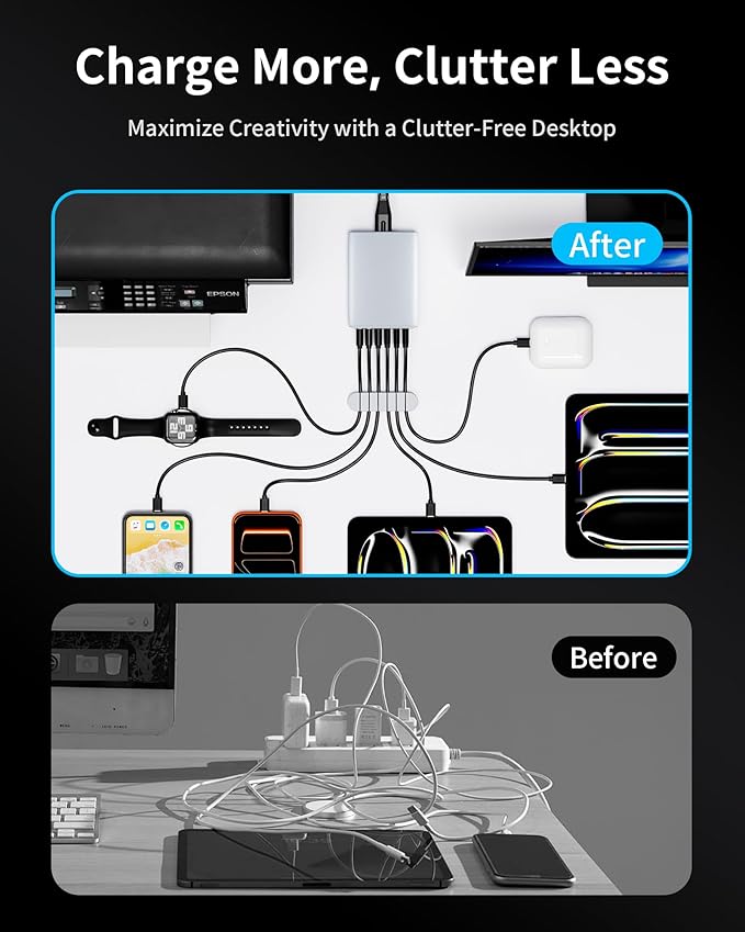 USB C Fast Charger, 105W GaN 6-Port Desktop USB Charging Station Hub, USB C Charger Block Wall Charger for iPhone 17/16/15/14/13/12/11, iPad, Samsung and More (Cable Organizer Included)