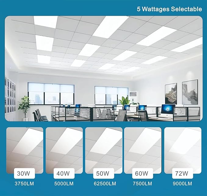 2x4 FT LED Light Flat Panel, 40-72W, 5 CCT 3K | 3.5k | 4K | 5K | 6.5K, Dimmable Recessed Drop Ceiling Lights, 3750/5000/6250/7500/9000 Lumen, Lay in Fixture for Commercial 120-277V, UL DLC (4 Pack)