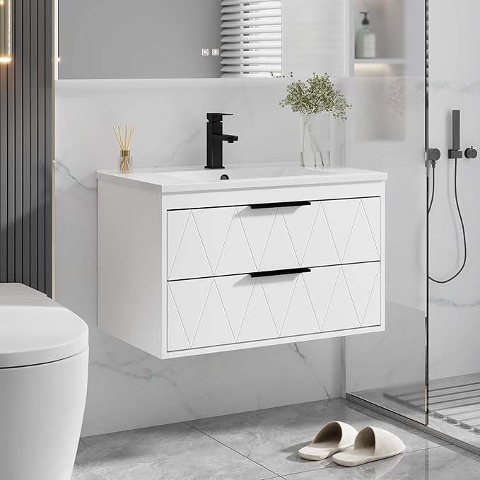 eclife 30" Bathroom Vanities Cabinet with Sink Combo, Wall Mounted Floating Cabinet W/Decor Line, Soft-Close System, 2 Extra Big Drawers, Matte Black Faucet, White