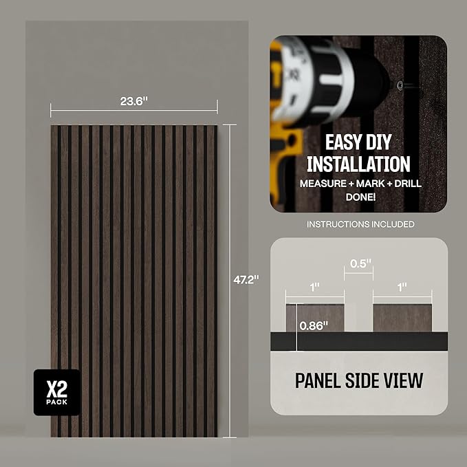 2-Pack Wood Panels for Wall - Acoustic Wood Slat Wall Panels, Soundproof Wooden Paneling for Interior Decor