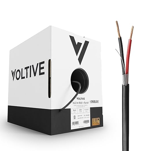 Voltive 16/2 Speaker Wire, in-Wall CL3 & Direct Burial, Black, 500ft - 16AWG, 2 Conductors, Stranded Oxygen-Free Copper, UL Listed - V-1210-5