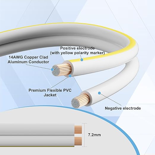 Mygatti 14AWG Speaker Wire 25 FT, 14/2 Gauge Audio Speaker Wire, for Car Speakers Stereo, Home Theater, Automotive Wire, White Jacket with Yellow Polarity Marker, CCA, 2 Conductors Electrical Wire