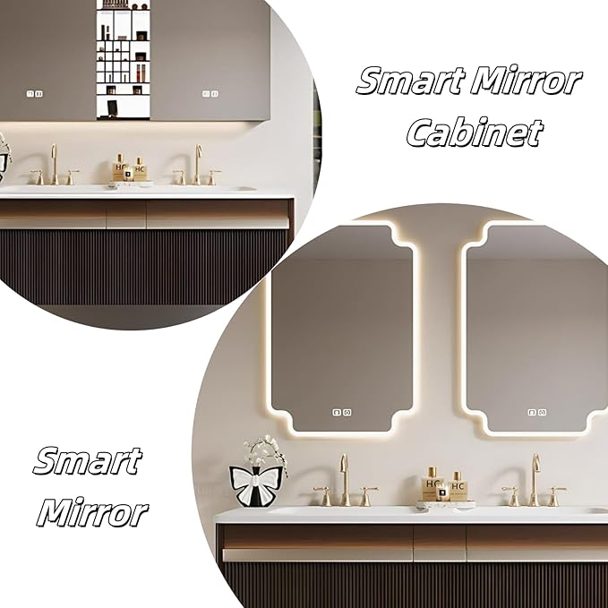 Bathroom Vanity with Double Sink - Bathroom Cabinet Vanity Including Grille Shaped Panel | Bathroom Vanity Double Sink, Soft Light LED Lights & Smart Defogging Mirror (Mirror Cabinet, 60IN)