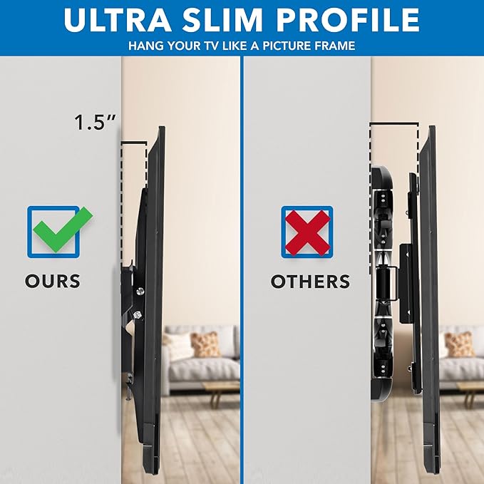 Mount-It Low-Profile Tilting TV Wall Mount Bracket for 32-60 inch LCD, LED, OLED, 4K or Plasma Flat Screen TVs - 175 lbs Capacity, 1.5 Inch Profile, Max VESA 600x400 (MI-318B), Black, 60