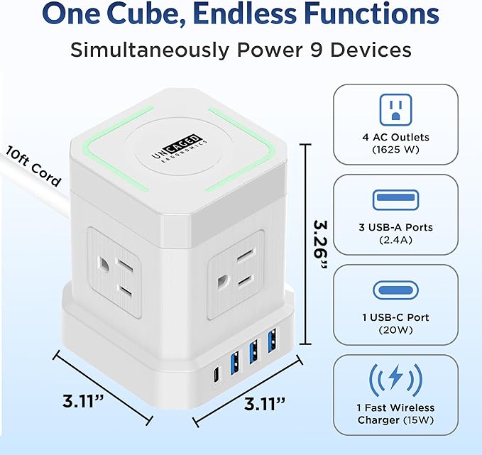 Uncaged Ergonomics Wireless Cube Charger & Power Strip with USB Ports, Surge Protection, 10ft Extension Cord with Wireless Charger, 4 AC Plugs & 3 USB Ports, 1 C Fast Charging with On/Off Switch