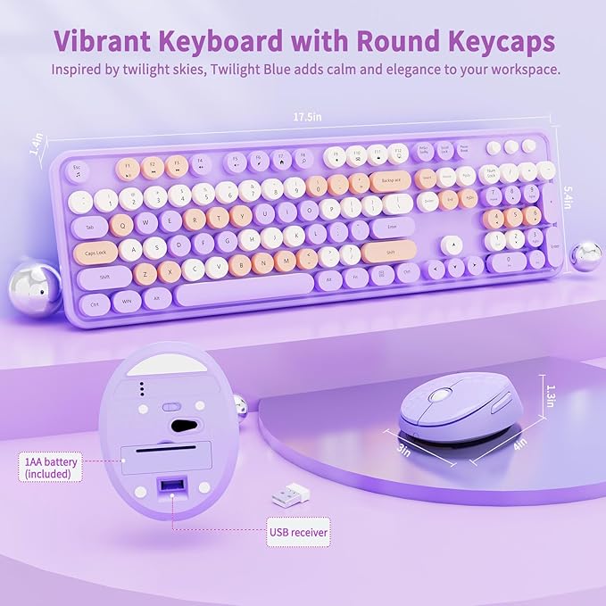 Nowlike Wireless Keyboard and Mouse Combo, Retro Typewriter Keyboard with Round Keycaps, Full-Size Ergonomic, Purple, Ideal for Windows PC, Home, Office, and College